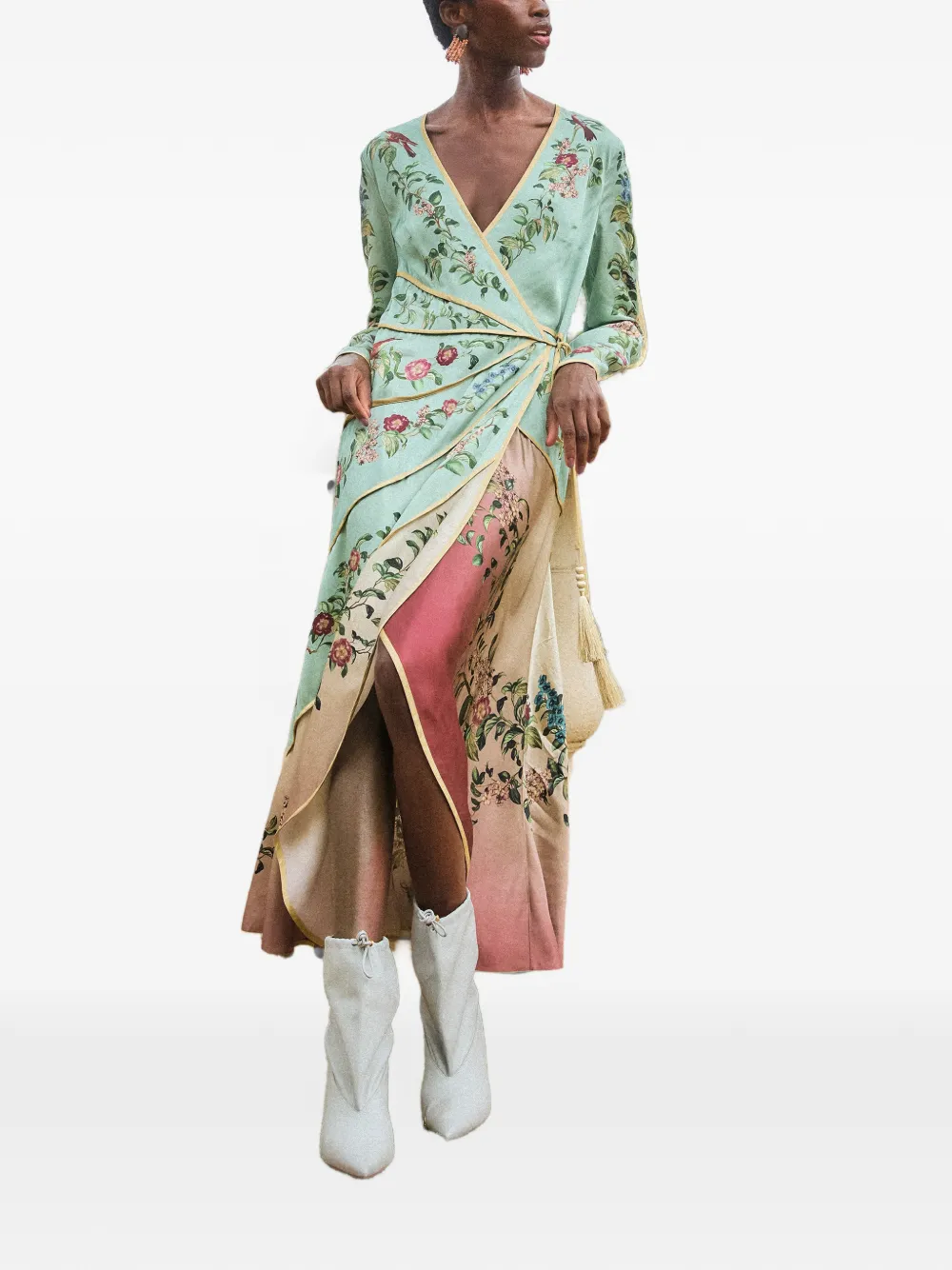 FARM Rio Birds Tree floral-print long-sleeve asymmetric dress