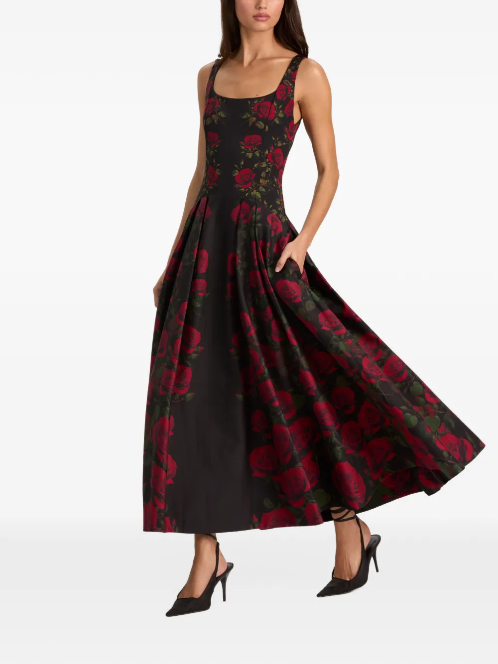 alice + olivia Adley floral-print pleated midi dress Zwart