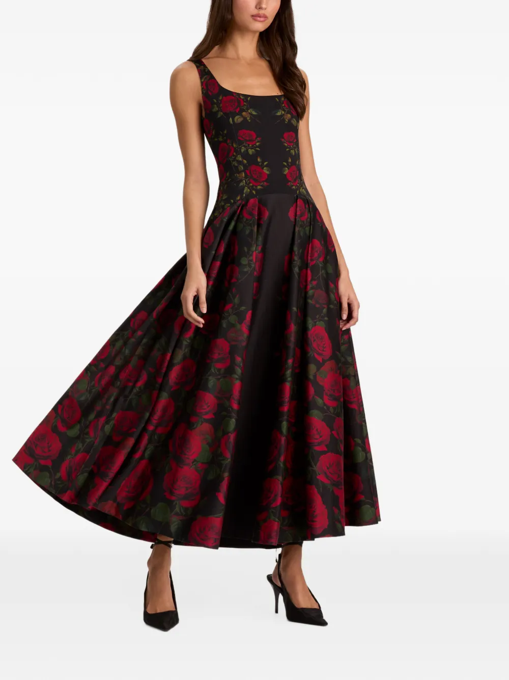 alice + olivia Adley floral-print pleated midi dress Zwart