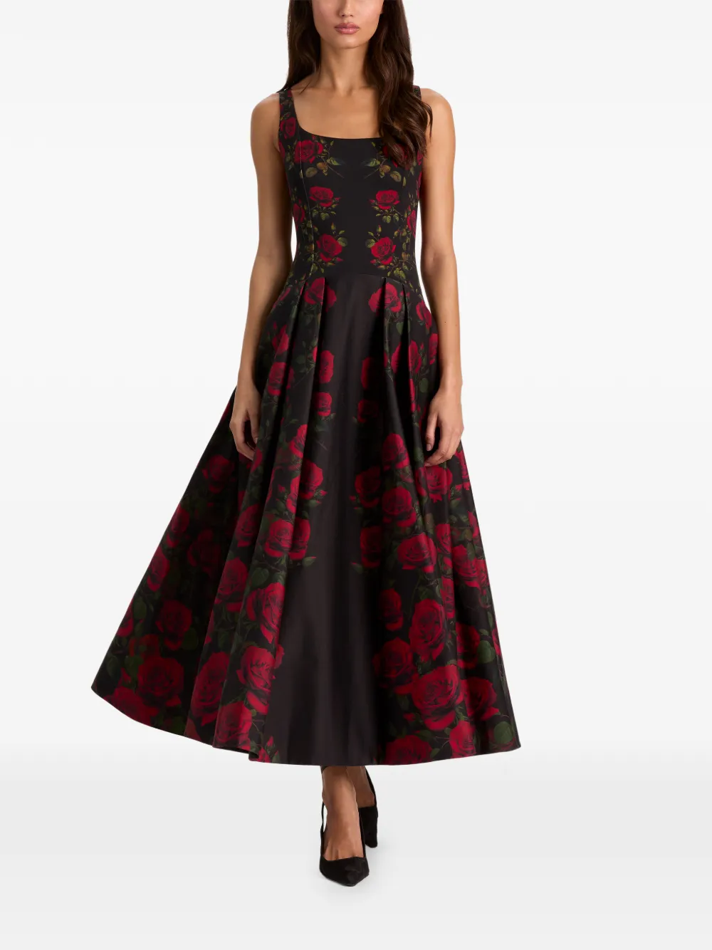 alice + olivia Adley floral-print pleated midi dress Zwart