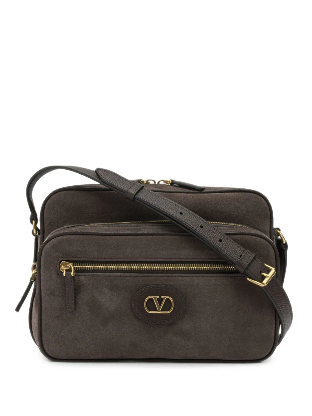 Valentino Garavani VLogo Signature leather-trimmed crossbody bag - Marrone