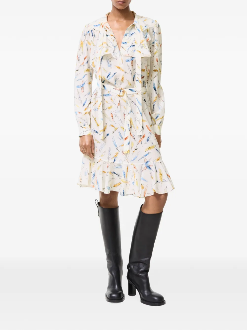 Burberry Zijden jurk met veren-print en ruches Beige