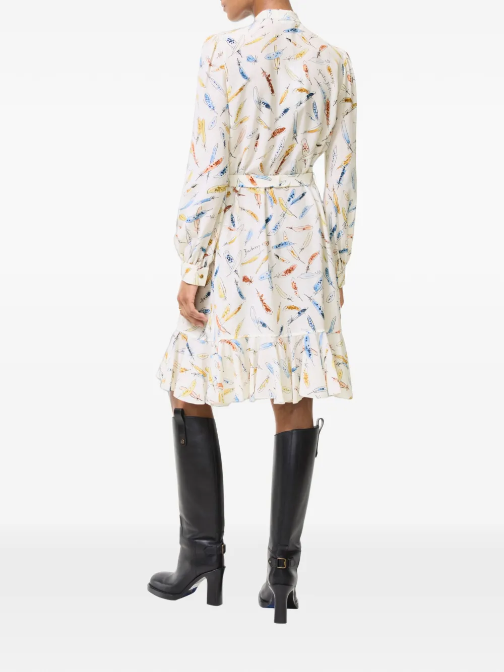 Burberry Zijden jurk met veren-print en ruches Beige