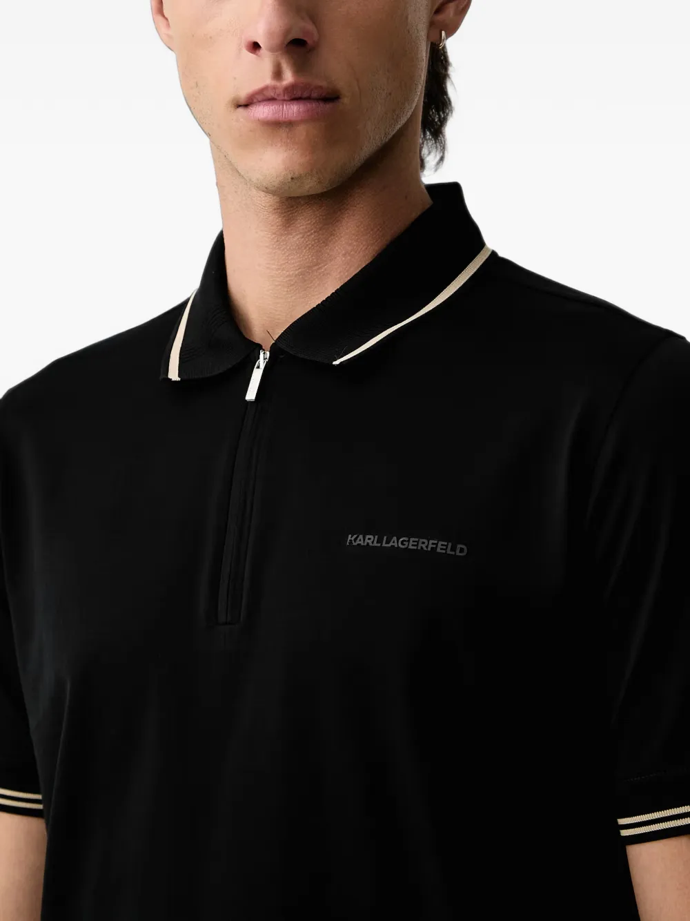 Karl Lagerfeld Poloshirt met ritssluiting en gestreepte afwerking Zwart