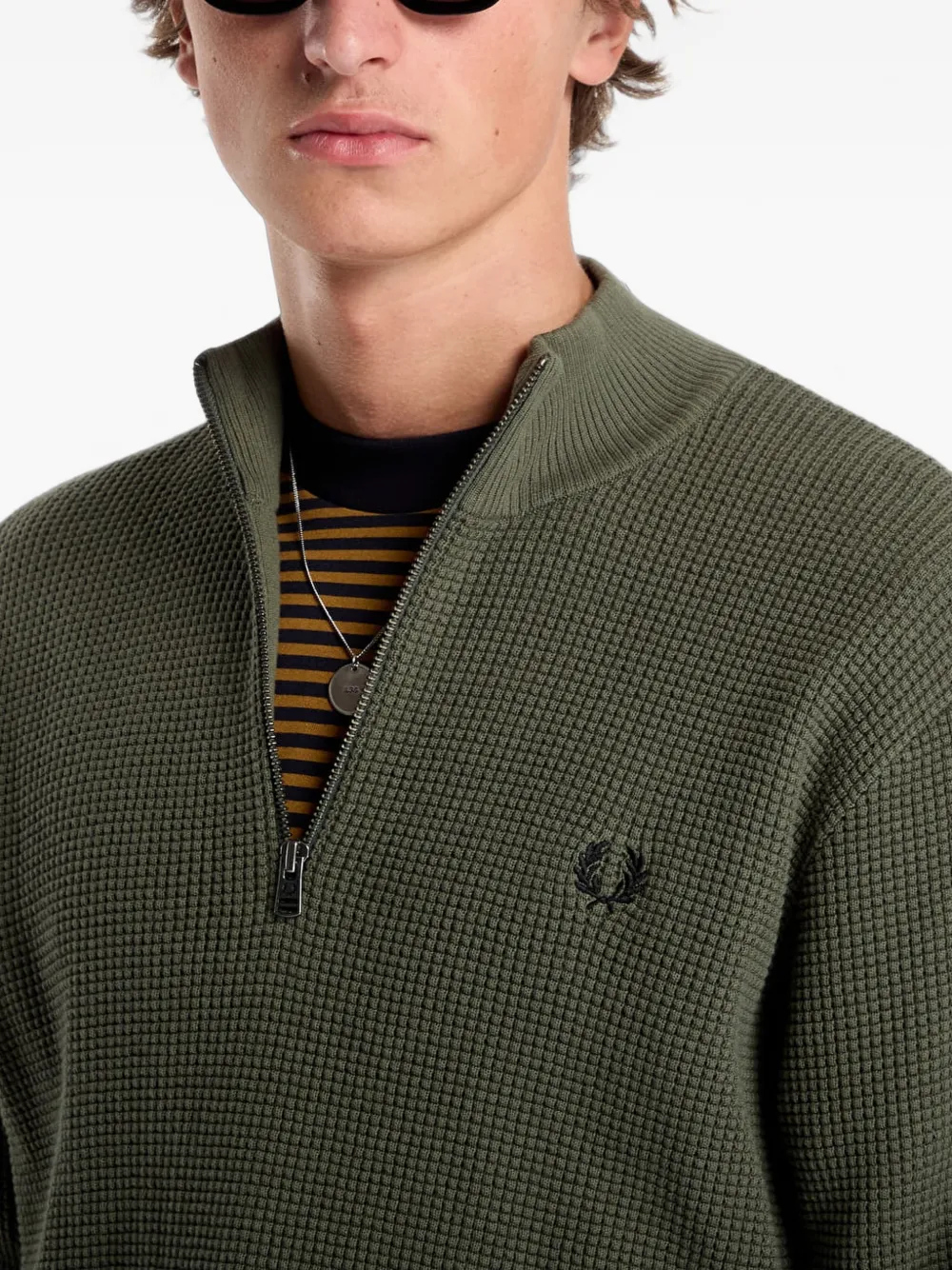 Fred Perry waffle-stitch half-zip sweater Groen