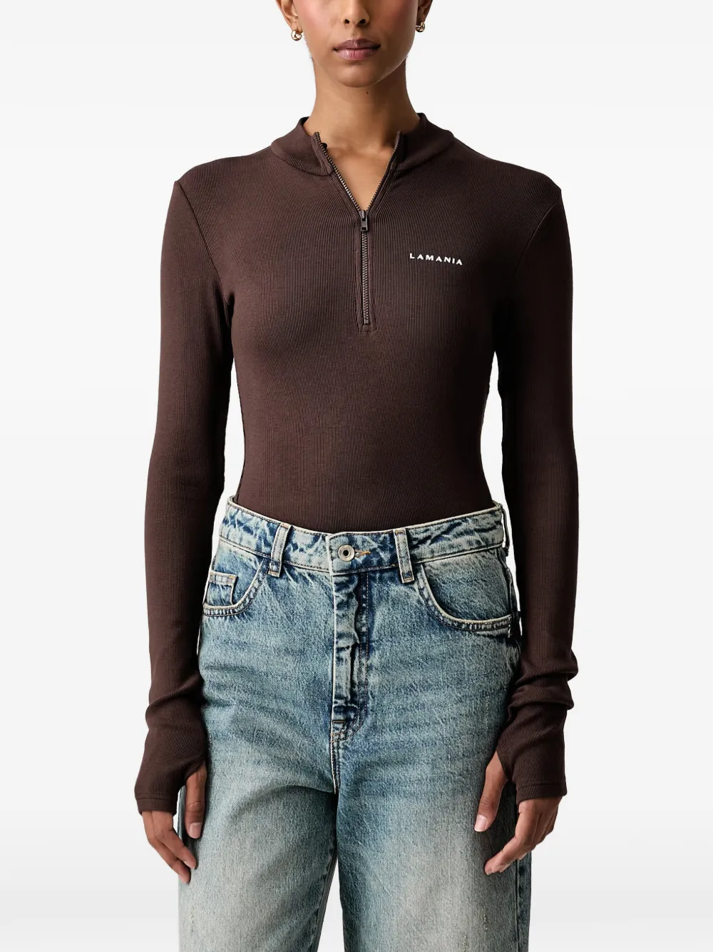 La Mania Sheryl Ribbed Half-zip Top In Brown