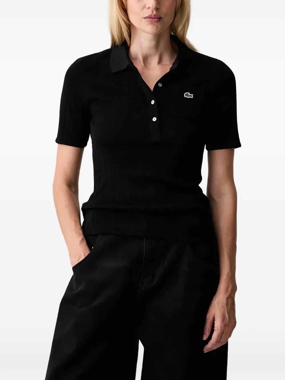 Lacoste logo-patch ribbed-knit polo shirt - Nero