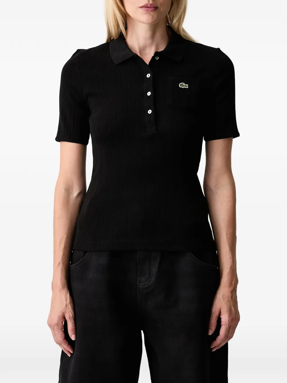 Lacoste Ribgebreid poloshirt met logo-patch Zwart