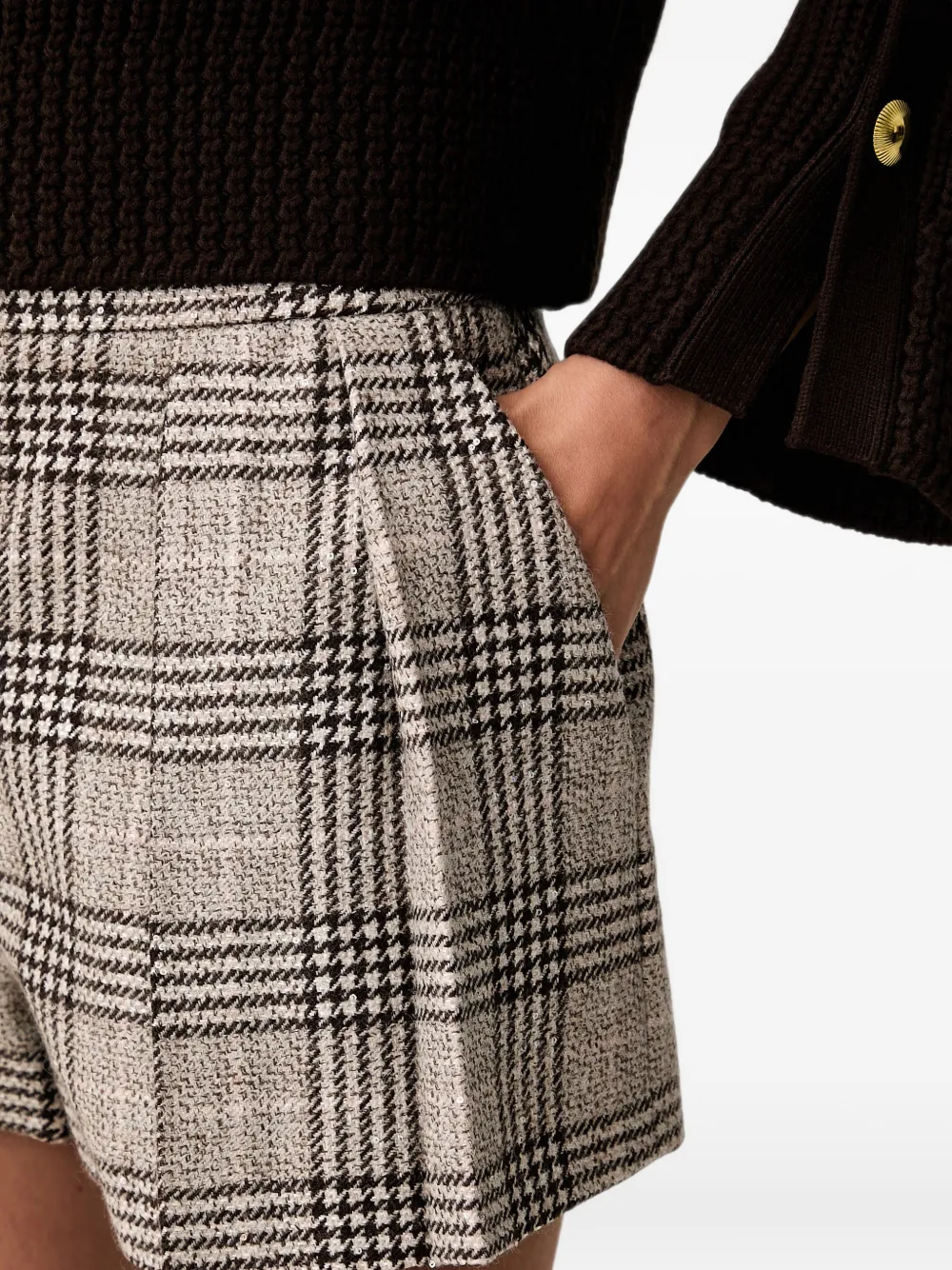 TWINSET Geruite wollen stoffen shorts met pailletten Beige