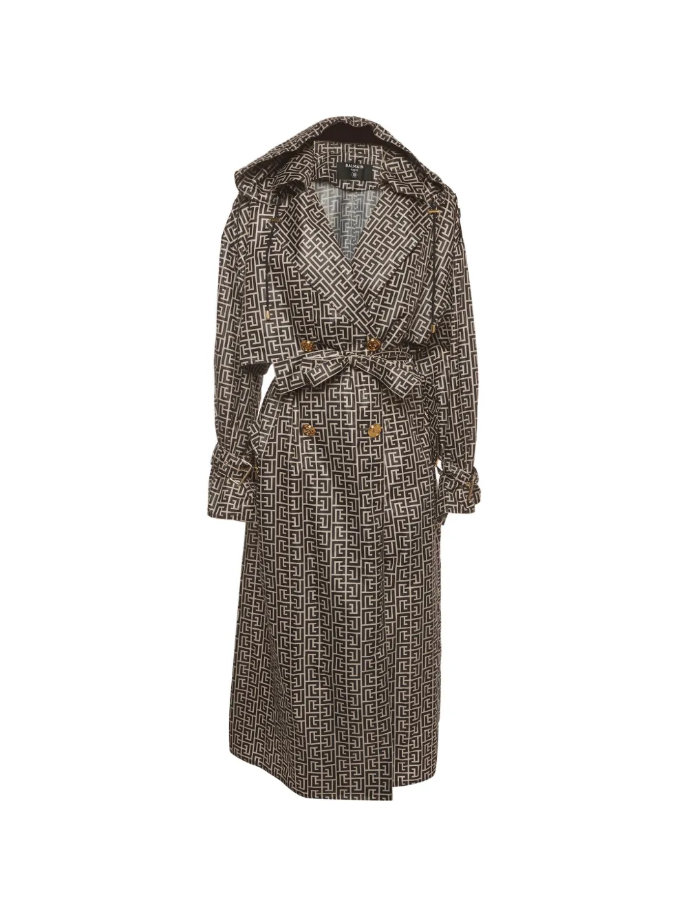 Pre-owned Balmain Monogram-print Hooded Trench Coat In Neutrals