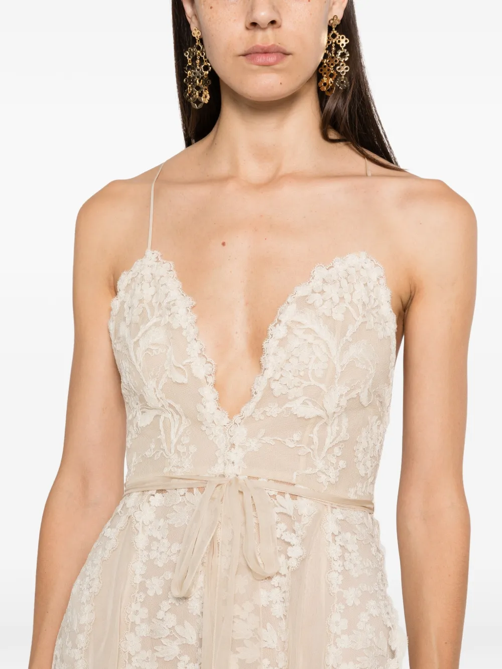 FENDI floral-lace belted maxi dress Beige