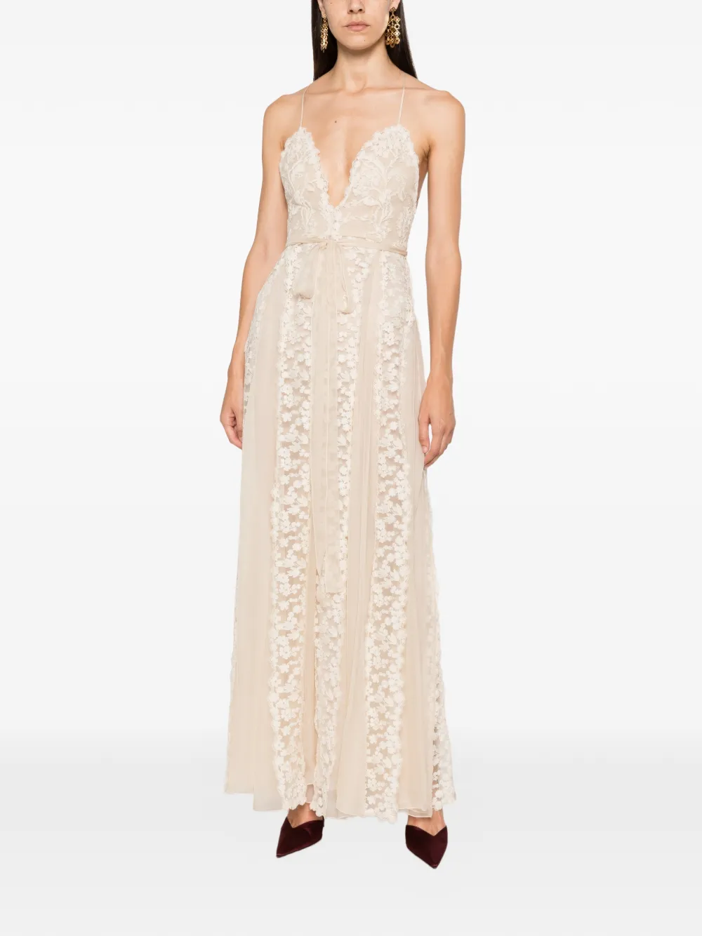 FENDI floral-lace belted maxi dress Beige