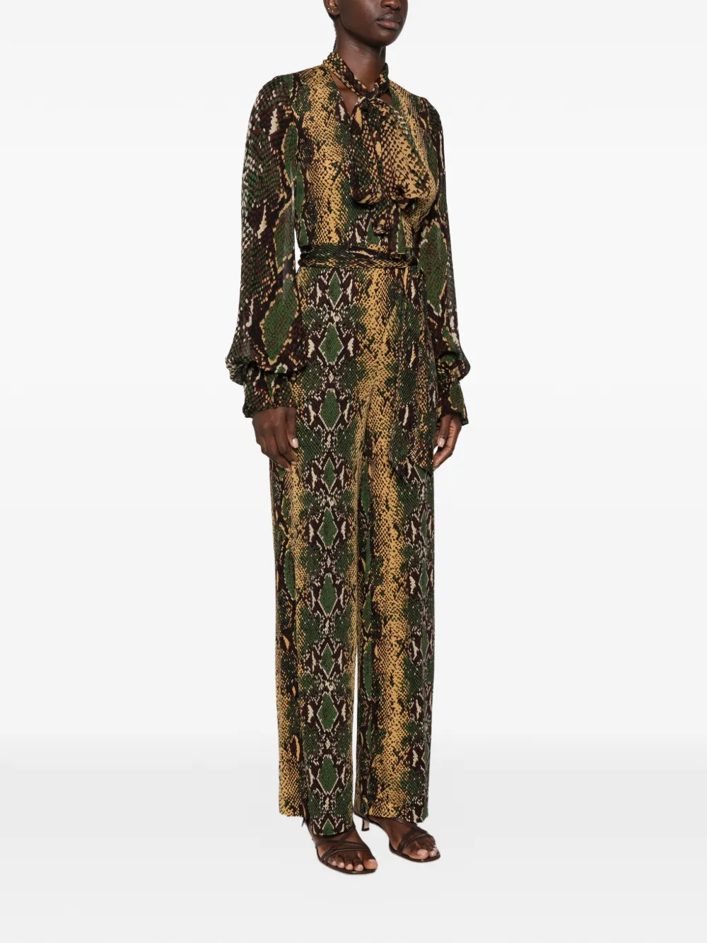 DVF Diane von Furstenberg Lucia snakeskin-print pussy-bow jumpsuit Geel