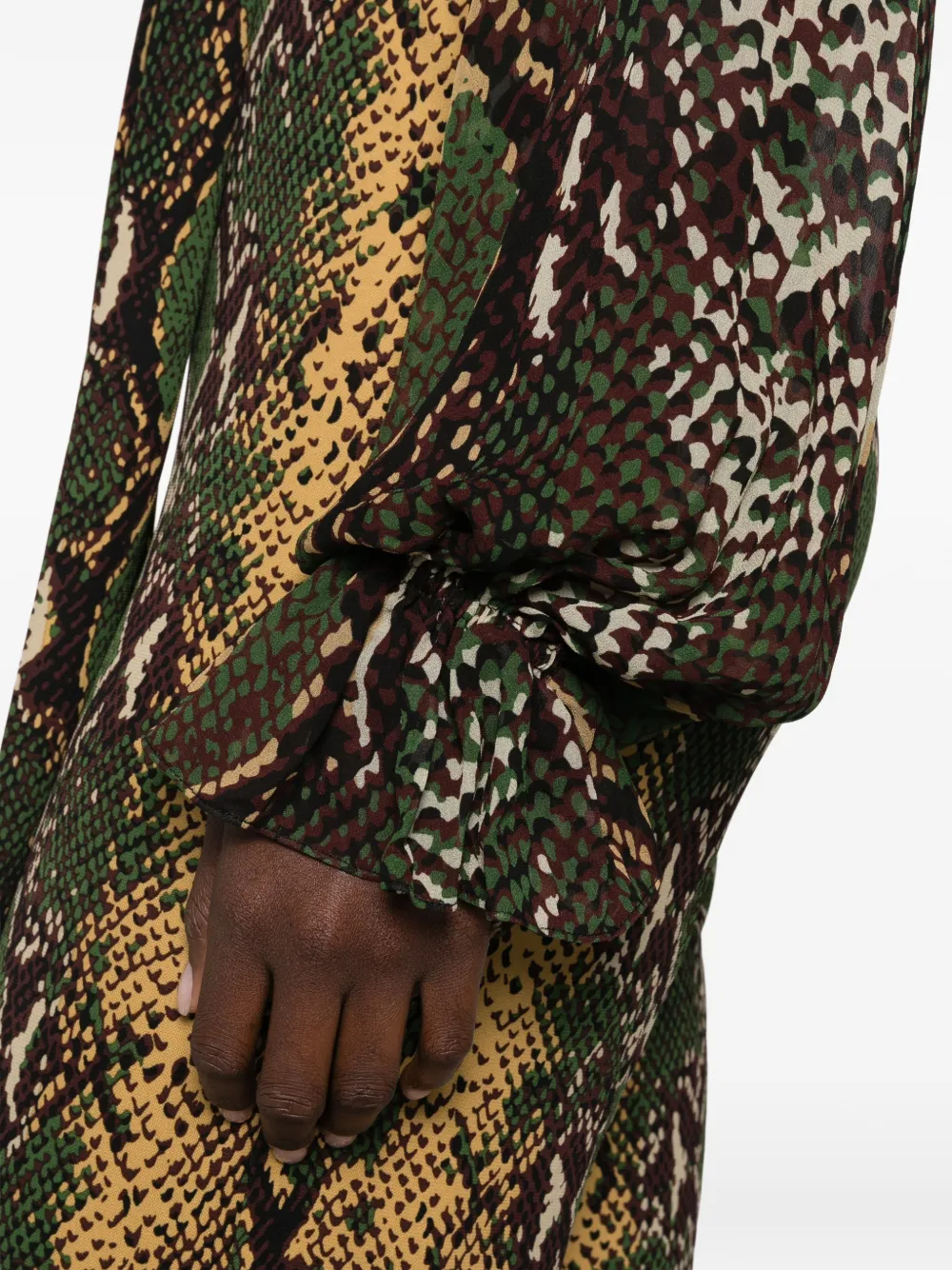 DVF Diane von Furstenberg Lucia snakeskin-print pussy-bow jumpsuit Geel