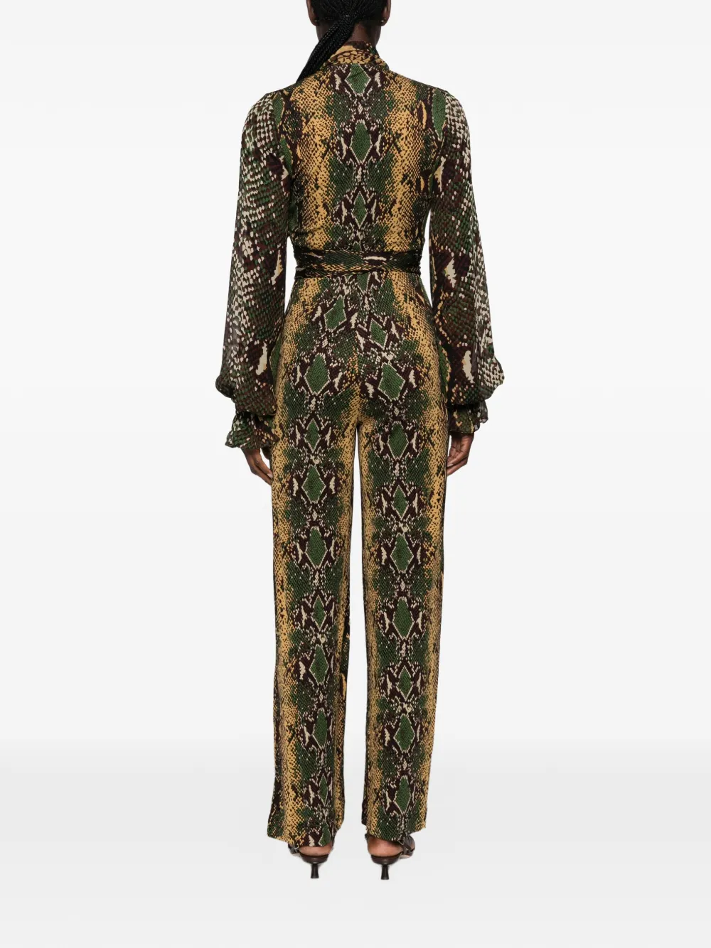 DVF Diane von Furstenberg Lucia snakeskin-print pussy-bow jumpsuit Geel