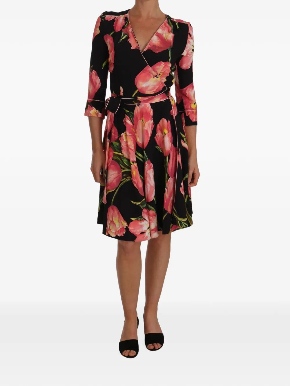 Dolce & Gabbana robe portefeuille à imprimé tulipe - Noir