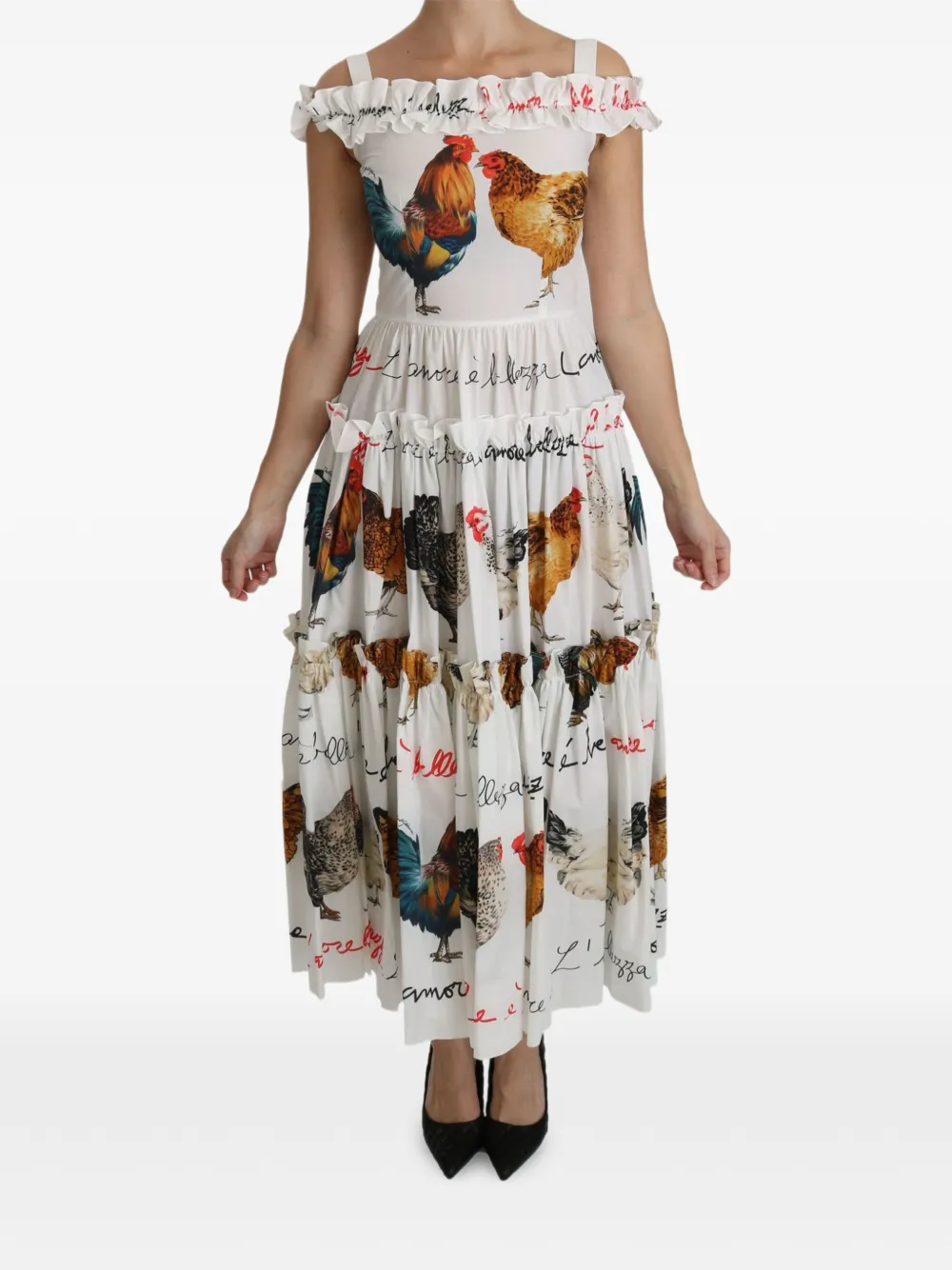 Dolce & Gabbana Gestuftes Kleid mit Hahn-Print - Weiß