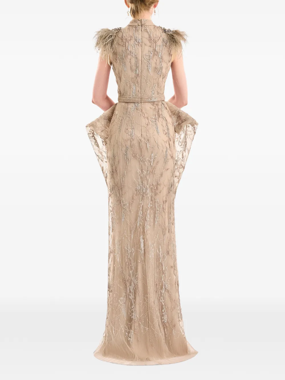 Gemy Maalouf Jurk met heupvlakken en verenafwerking Beige