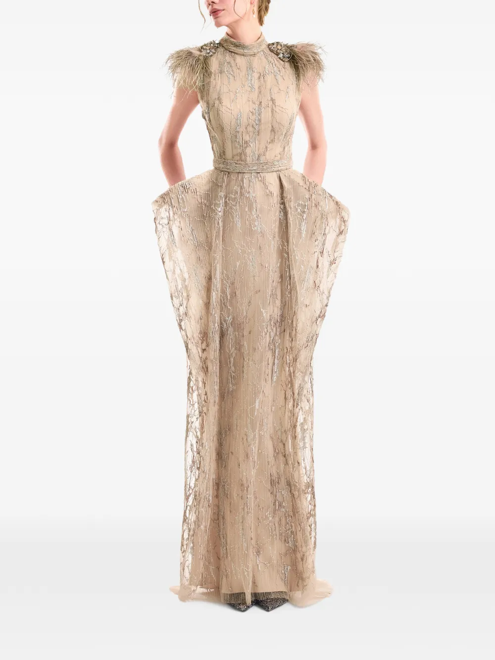 Gemy Maalouf Jurk met heupvlakken en verenafwerking Beige
