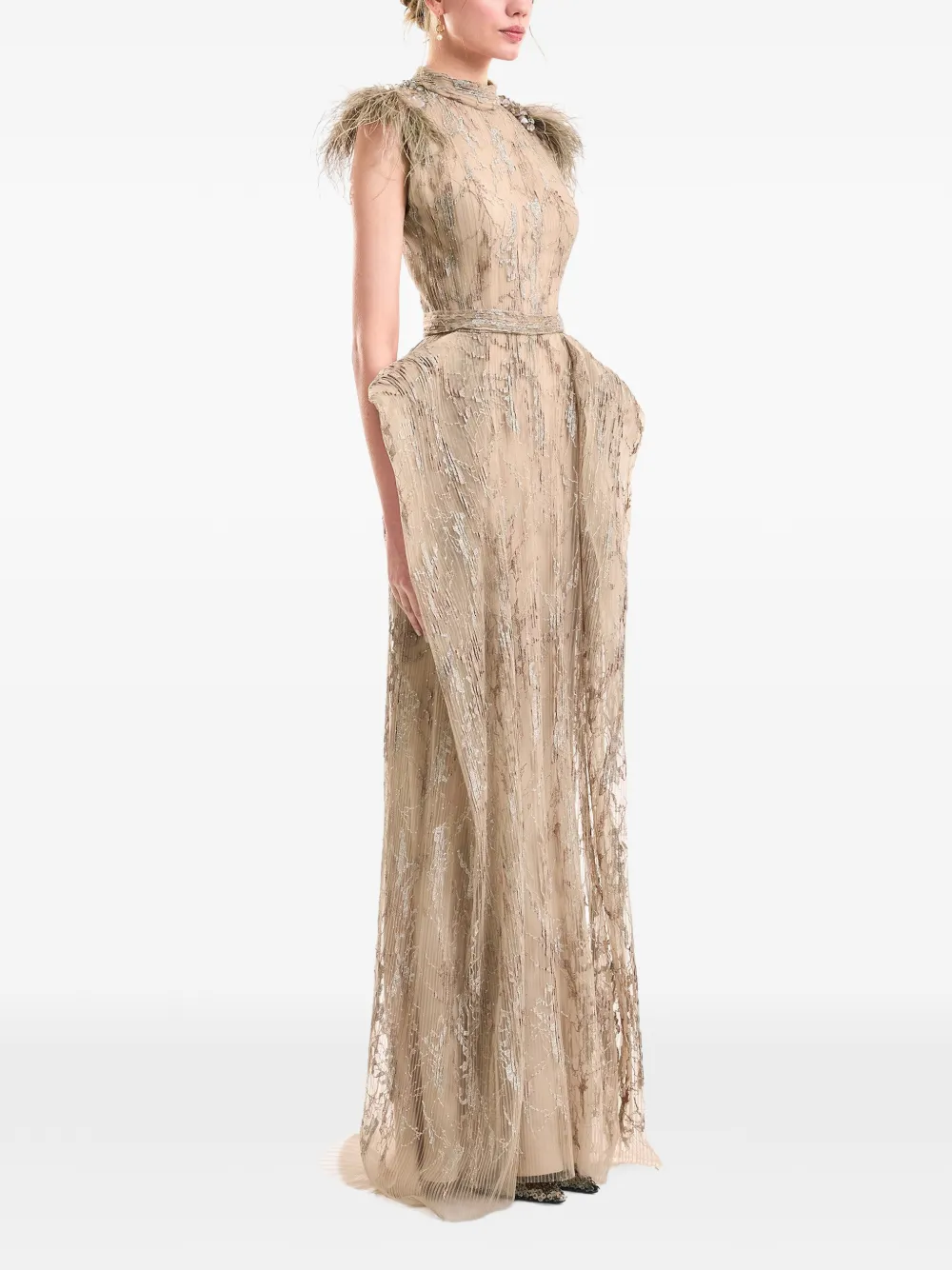 Gemy Maalouf Jurk met heupvlakken en verenafwerking Beige