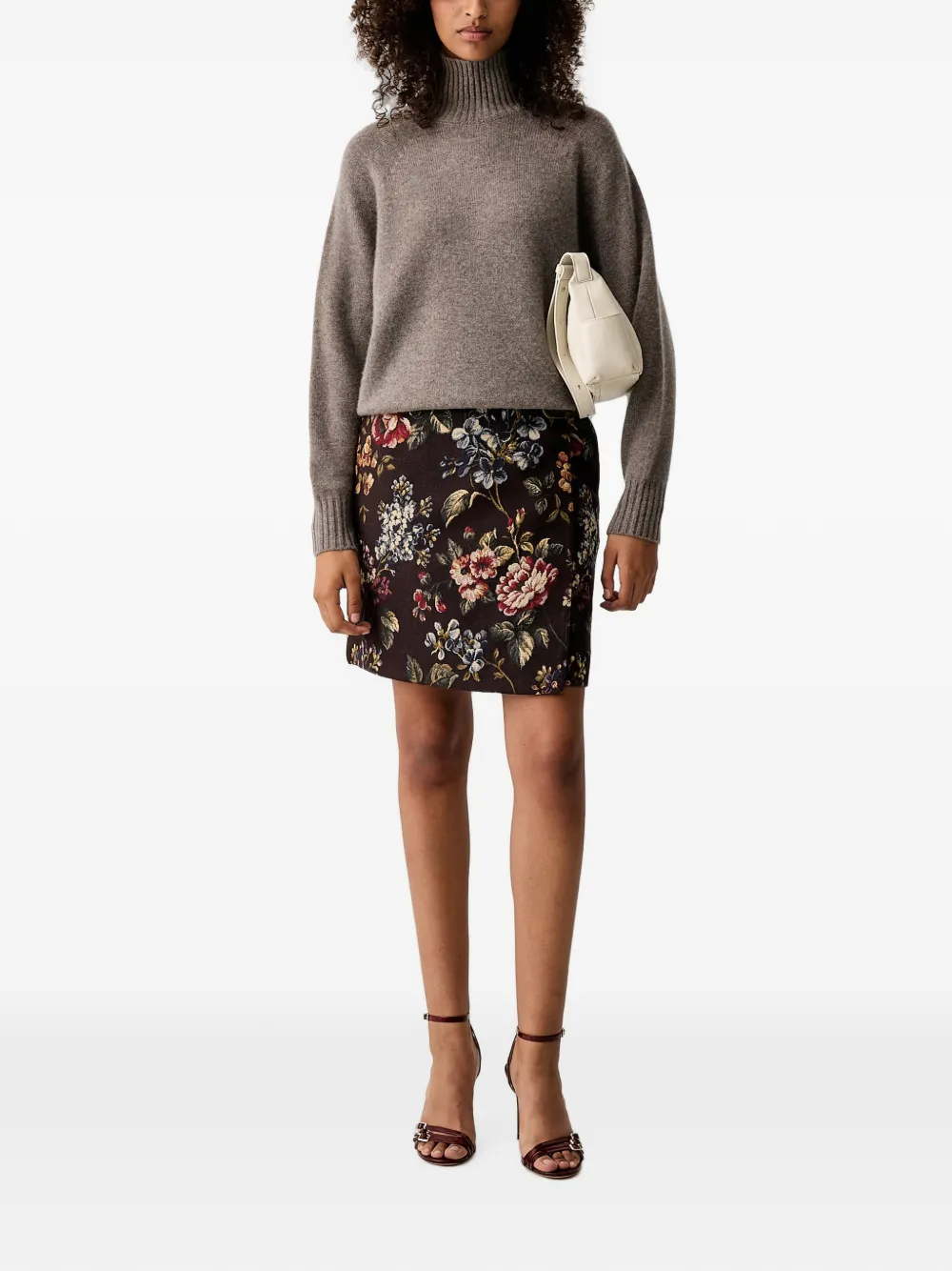 LUISA SPAGNOLI Flacone floral-tapestry buckle-detail straight mini skirt Bruin