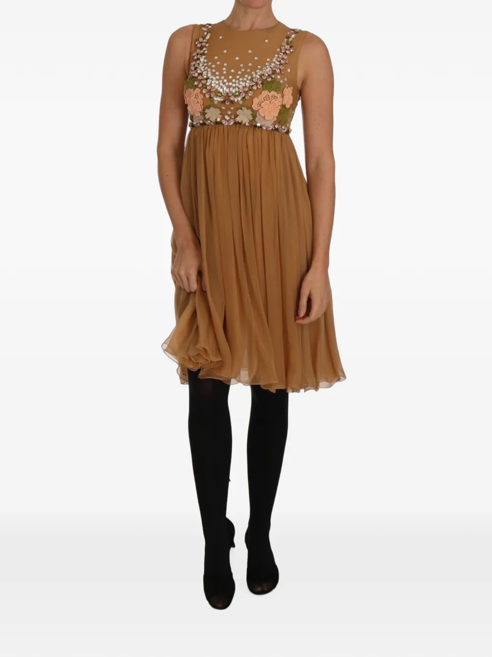 Dolce & Gabbana crystal-embellished floral-appliqué midi dress - Marrone