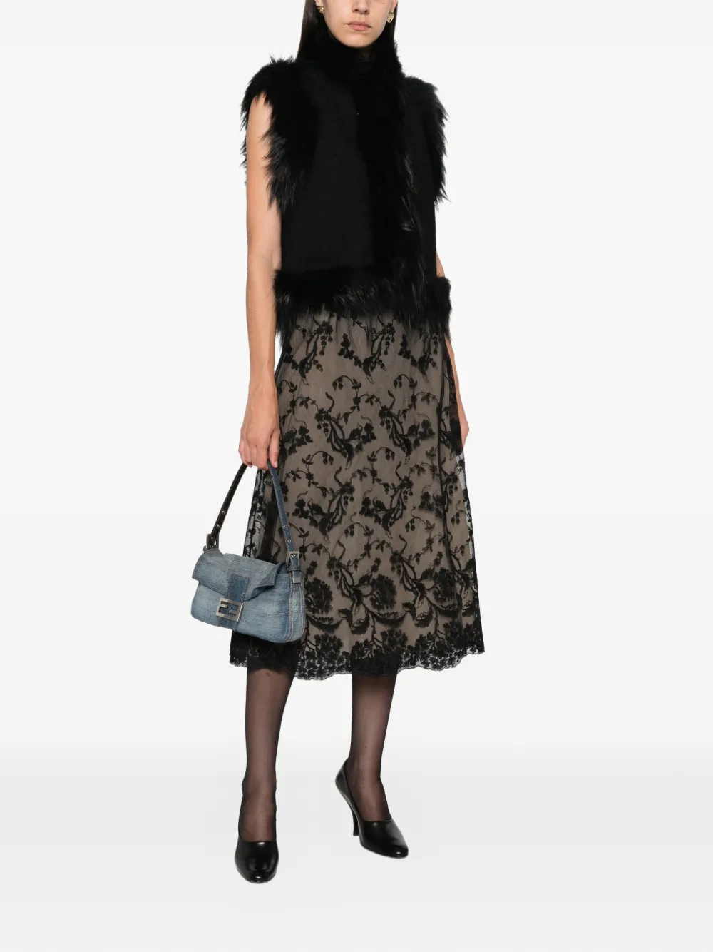 FENDI Midi-rok met bloemenkant Zwart