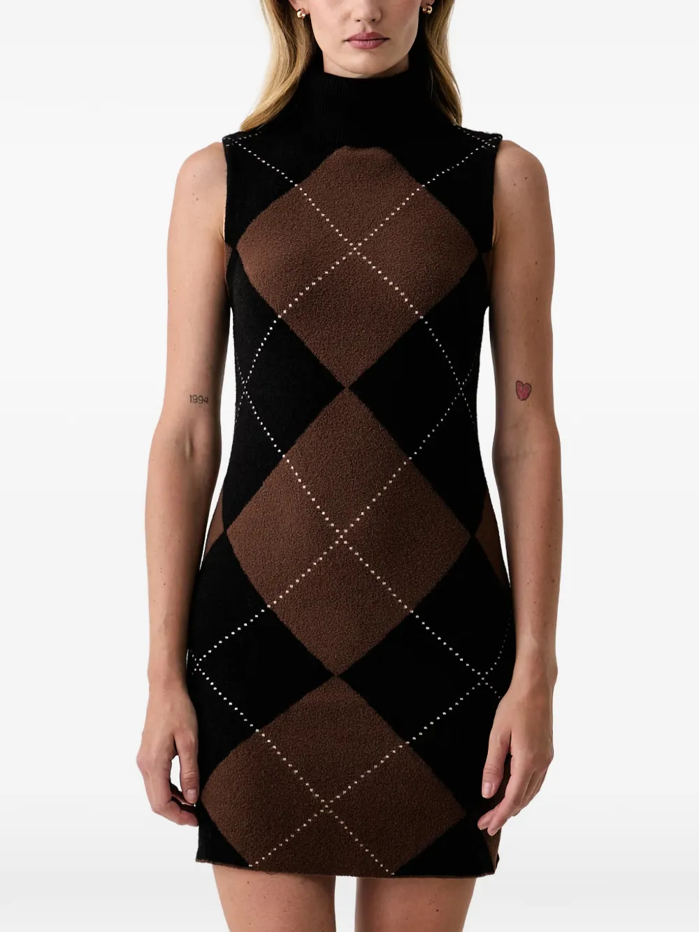 DKNY Mini-jurk met hoge hals en argyle-patroon Zwart