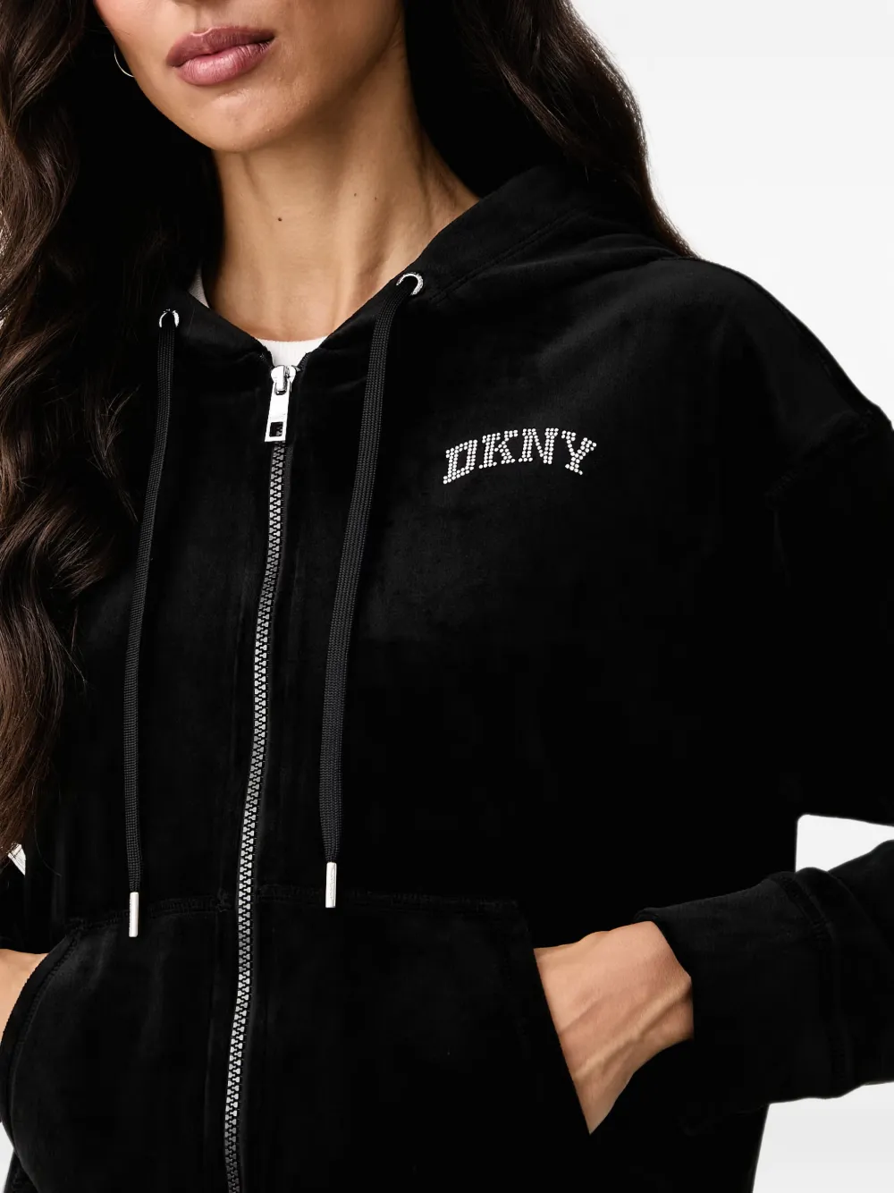 DKNY Varsity velours hoodie met stras-logo Zwart