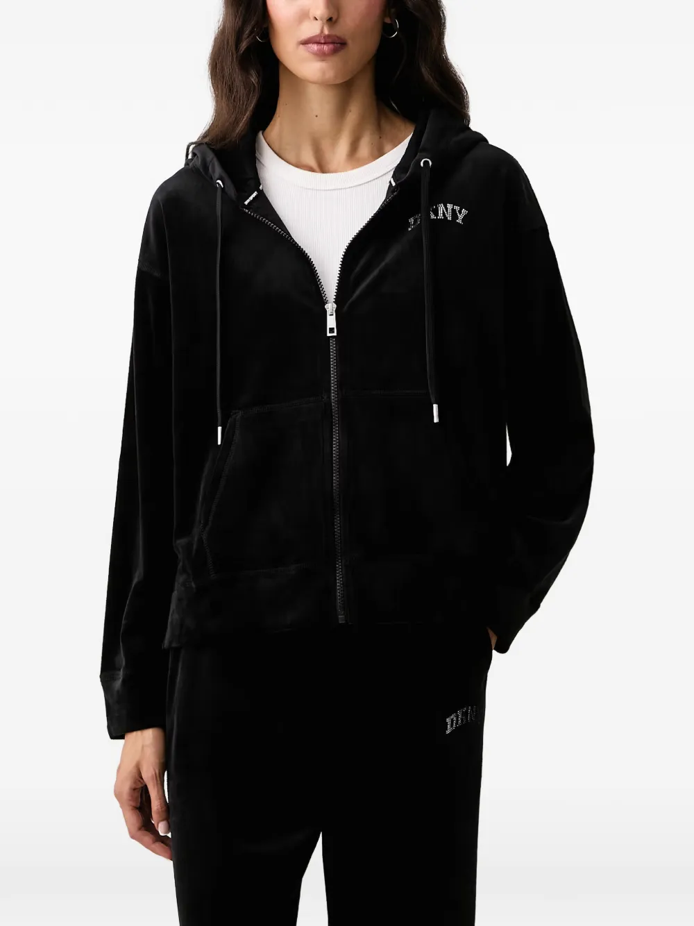 DKNY Varsity rhinestone-logo velour hoodie