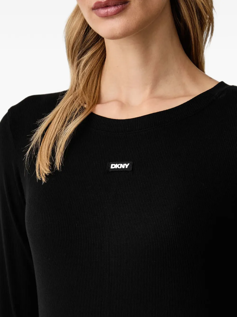 DKNY Ribgebreide nachtjapon met logo-patch Zwart