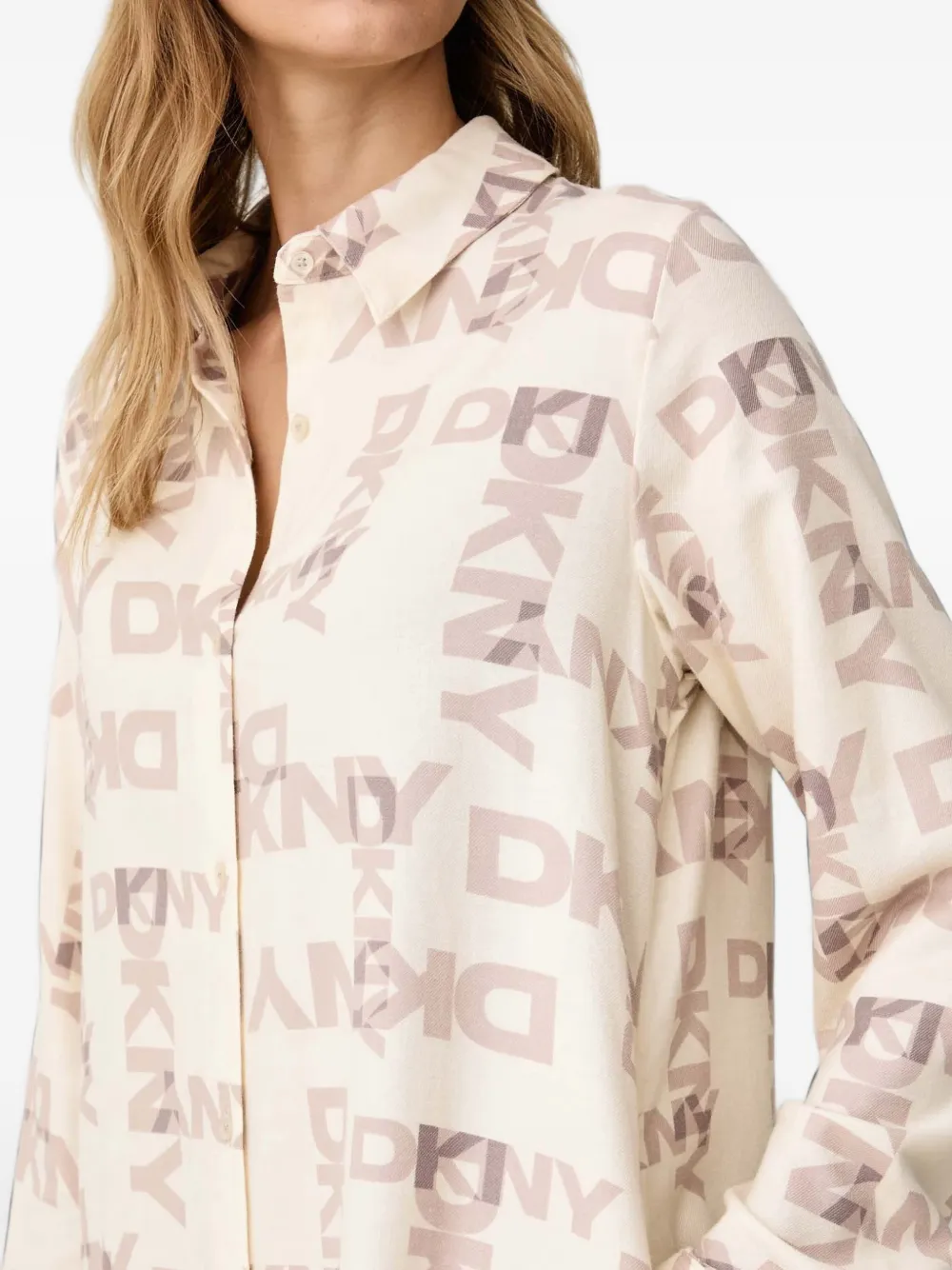 DKNY Nachtjapon met logo-print en knopen Beige