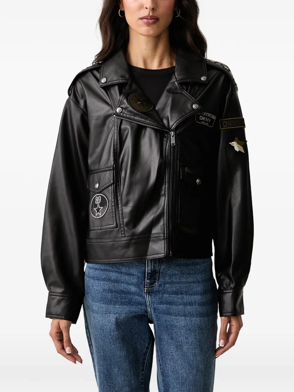 DKNY patch-detail biker faux-leather jacket - Nero
