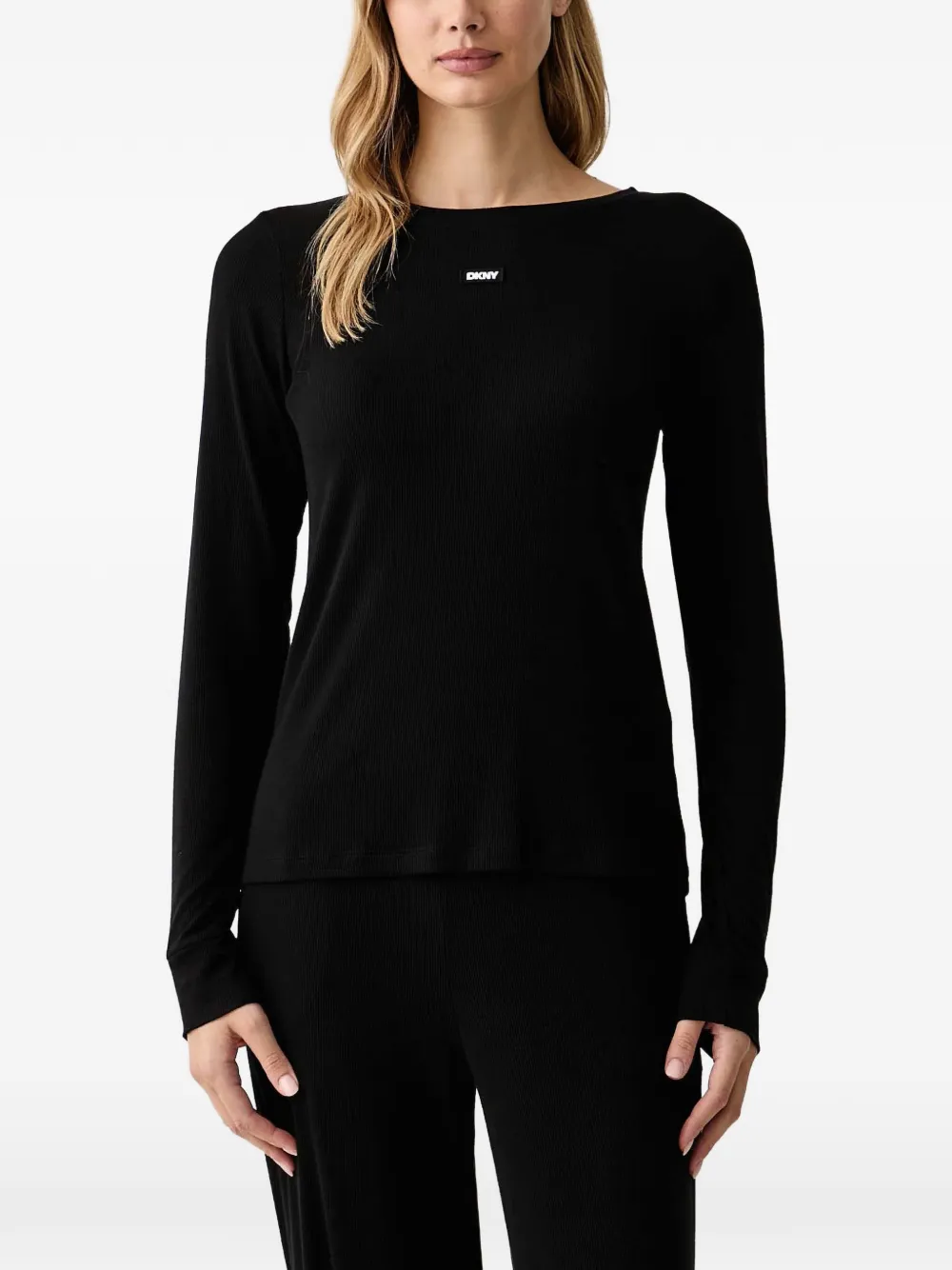 DKNY Geribbelde pyjamaset met logo-patch Zwart