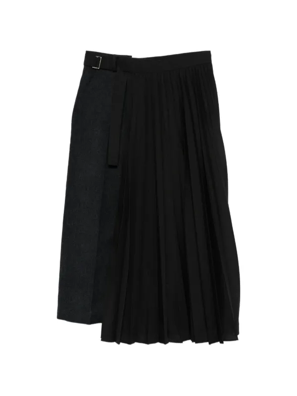 Sacai Double-faced Herringbone Pleated Maxi Skirt in Black