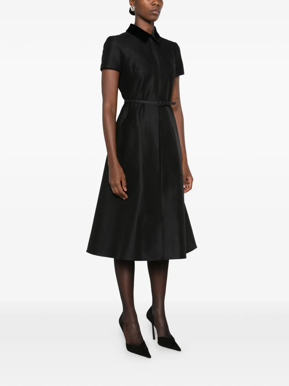 FENDI velvet-collar belted midi dress Zwart