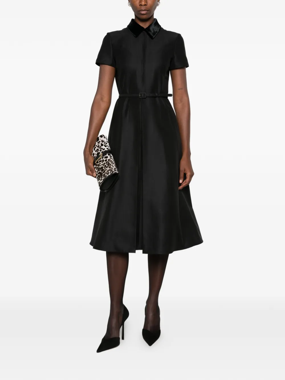 FENDI velvet-collar belted midi dress Zwart