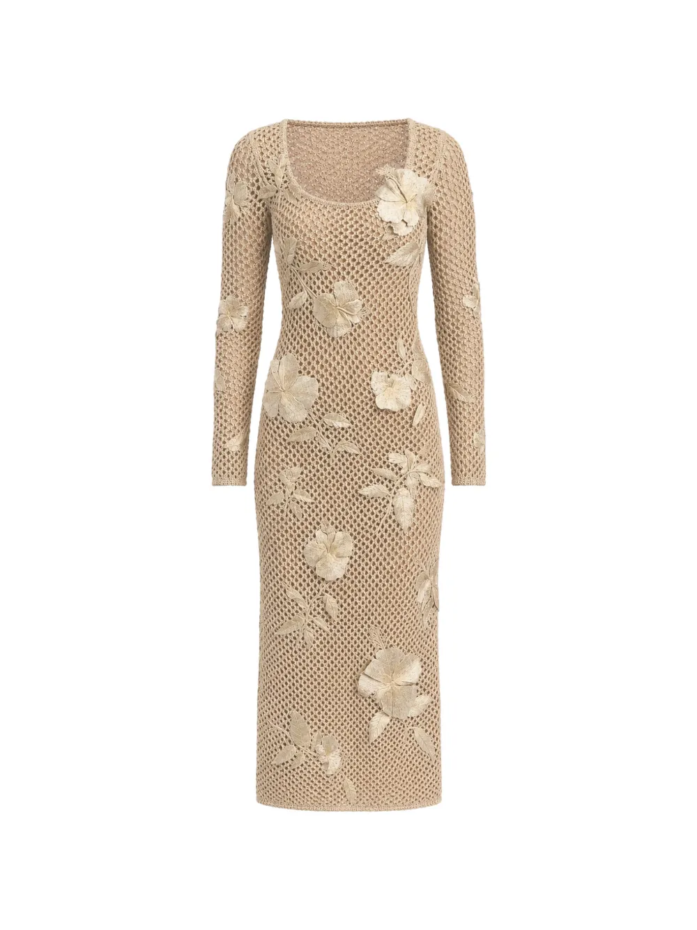 Oscar de la Renta Mesh gebreide jurk met bloemenpatch Beige