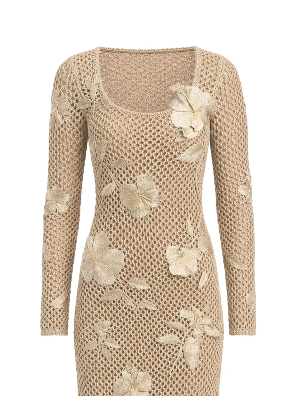Oscar de la Renta Mesh gebreide jurk met bloemenpatch Beige