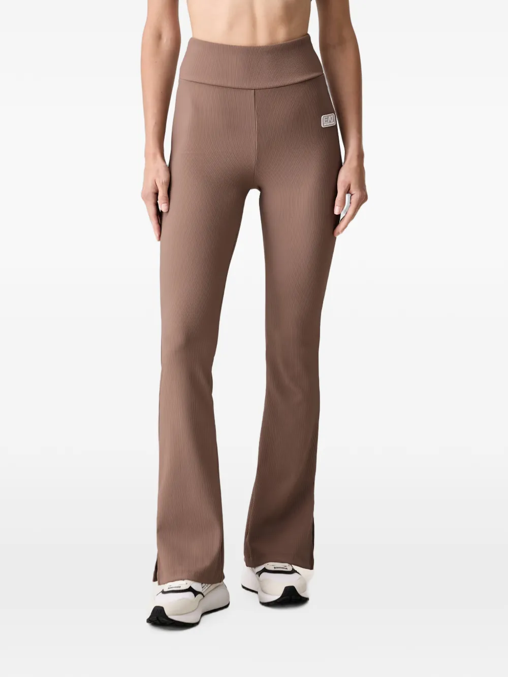 Ea7 Ribbed-knit Flared Leggings In Brown