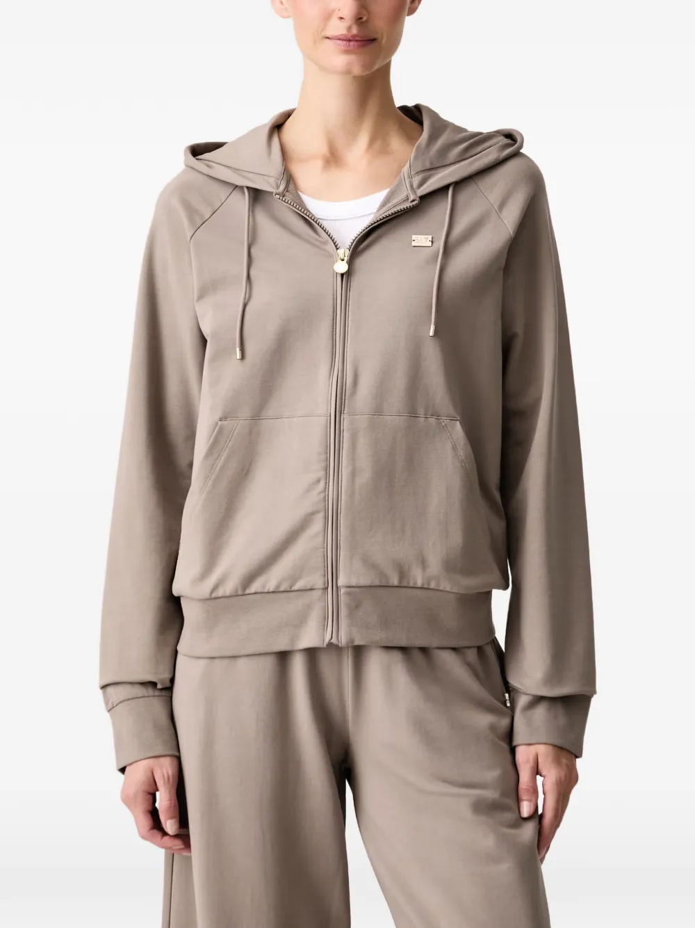 Ea7 Emporio Armani logo-plaque zip-up hoodie Beige