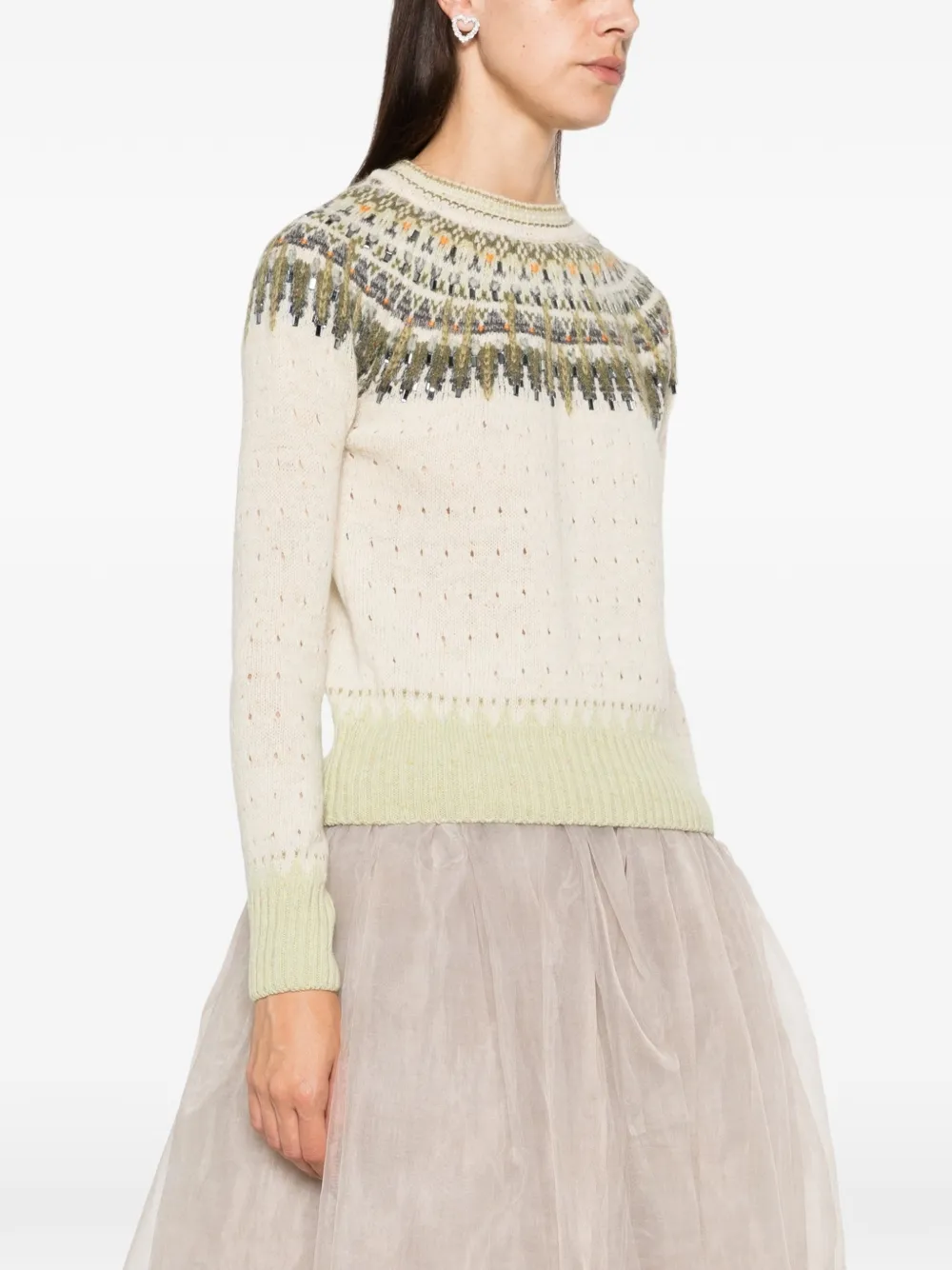 Ermanno Scervino Fair Isle crystal-embellished sweater Beige