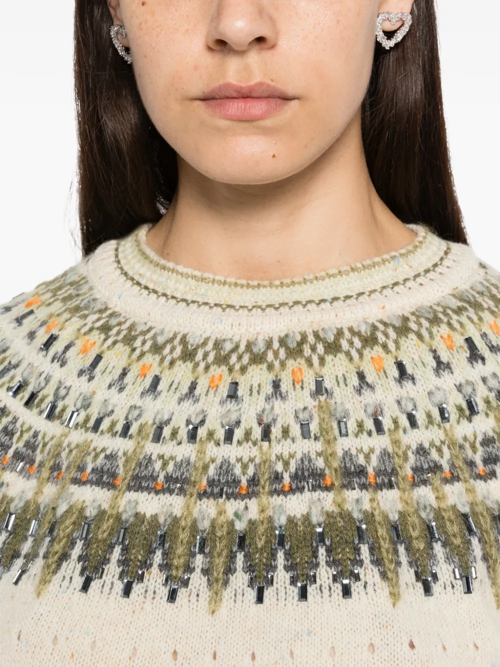 Ermanno Scervino Fair Isle crystal-embellished sweater Beige