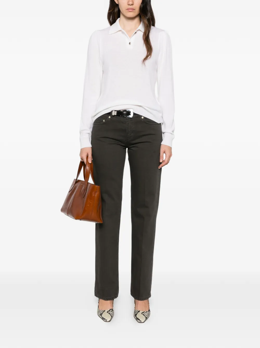 Allude Polotop met knopenbies en lange mouwen Wit