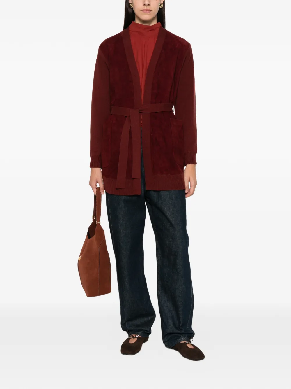 Max Mara suede-panelled belted cardigan Rood