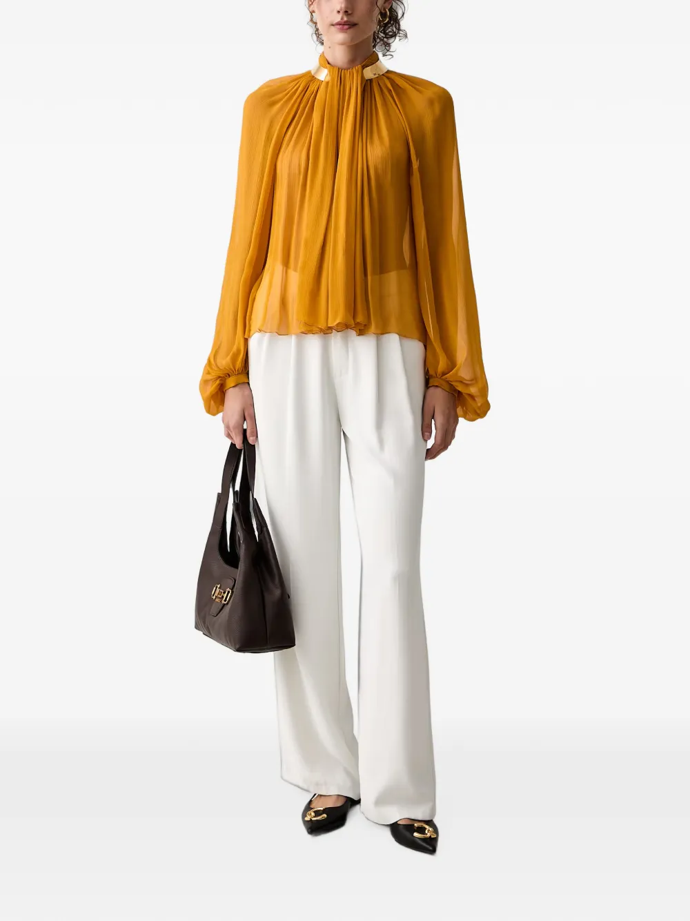 Elisabetta Franchi Geplooide blouse met metalen kraag Geel
