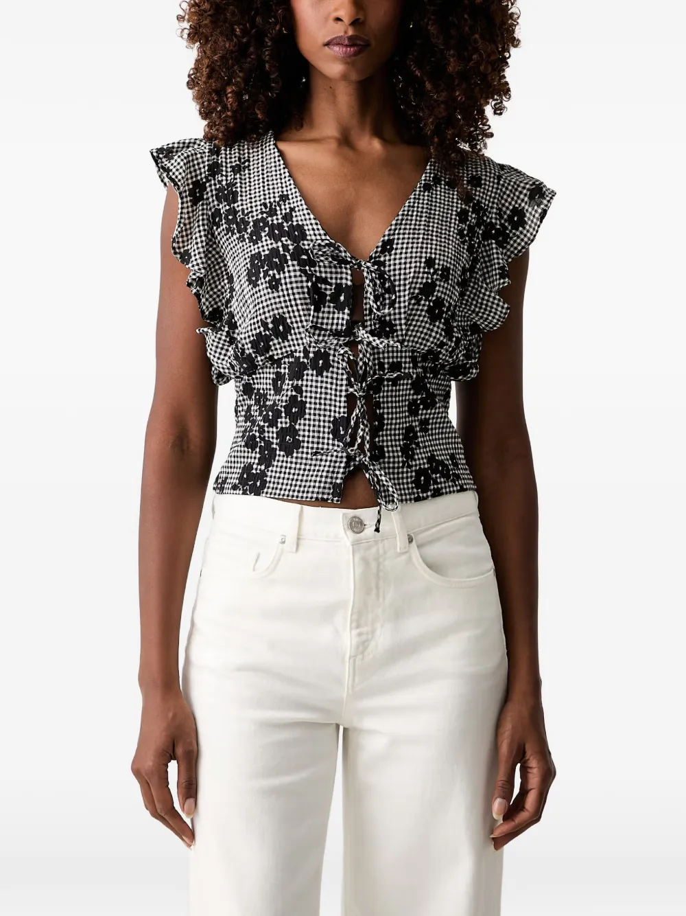 Morgan gingham floral-print blouse