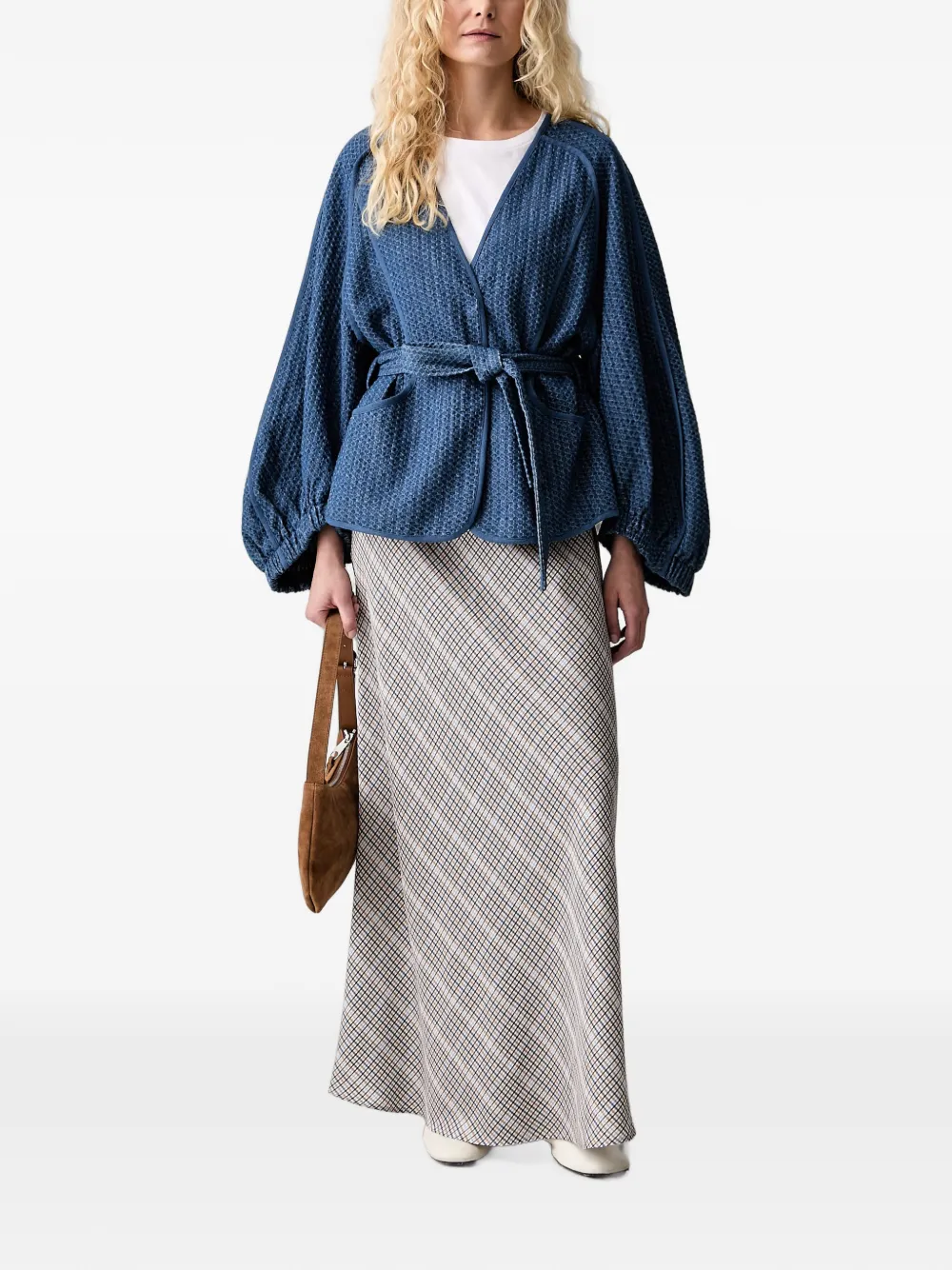 MUNTHE Vidya jack met ballonmouwen en ceintuur Blauw