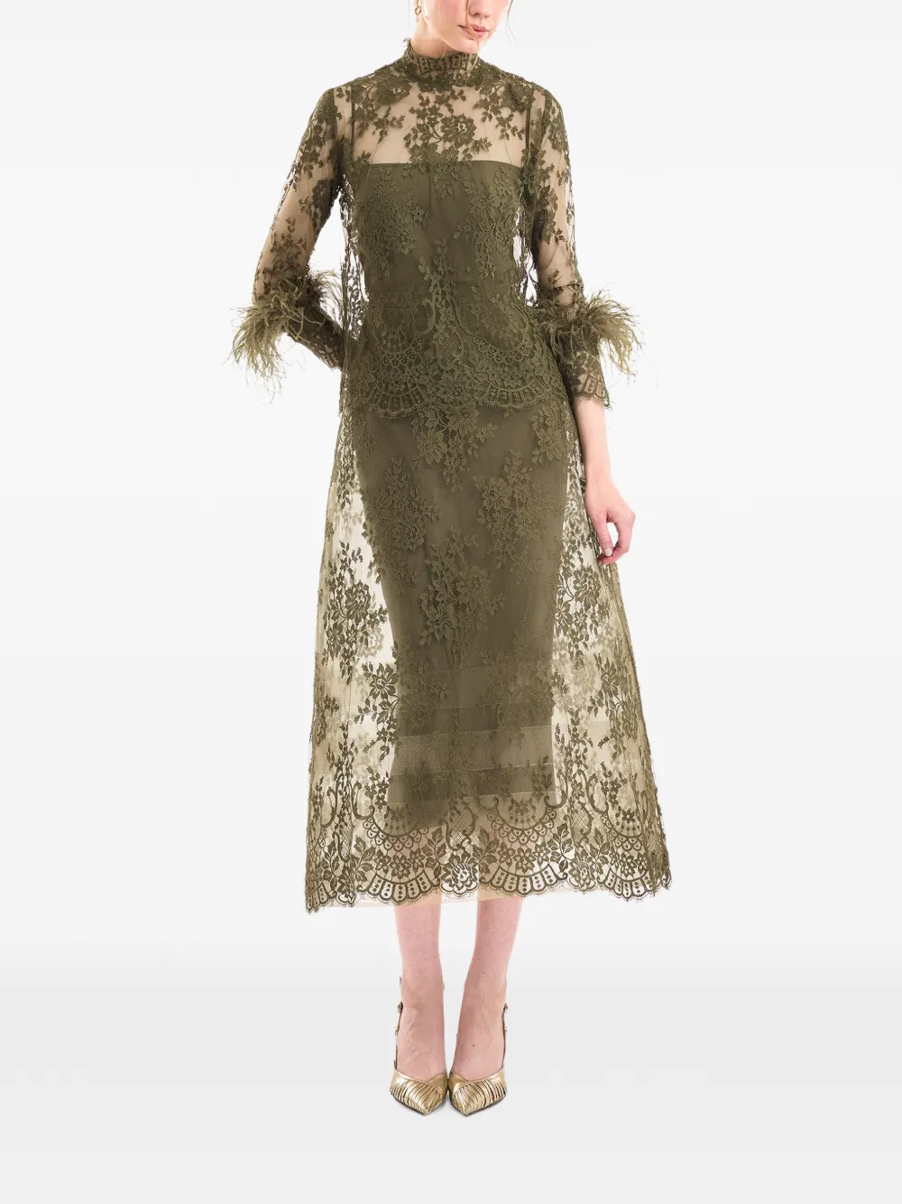 Gemy Maalouf Top met kant en verenafwerking Groen