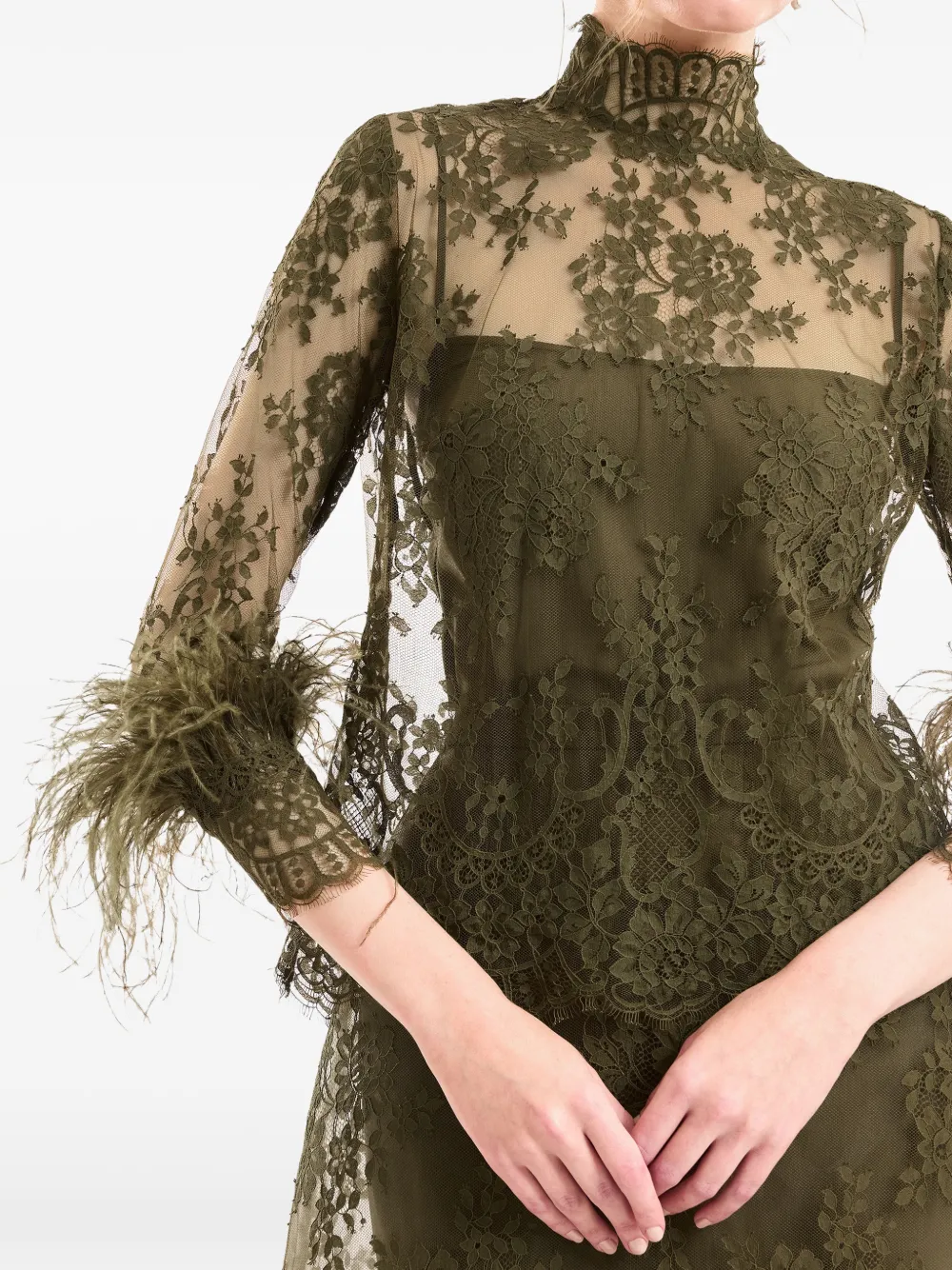 Gemy Maalouf Top met kant en verenafwerking Groen
